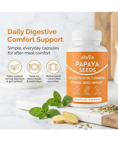 Elava Papaya Seed Capsules Papaya Seeds Organic Digestive Herbal Blend with Turmeric Ginger Peppermint & Fennel Non-GMO Gluten & Lactose Free 60 Capsules 1 - Buy Online on GoSupps.com