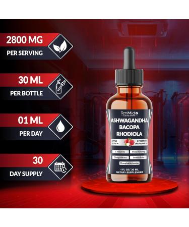 Tenmido 8in1 Ashwagandha Liquid Drops with Bacopa Rhodiola Rosea Phosphatidylserine L-Theanine Panax Ginseng Ginkgo Biloba and Lemon Balm - 30ml 1 Fl Oz - Buy Online on GoSupps.com