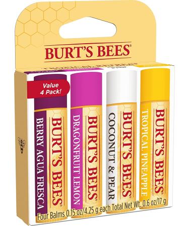 Burt's Bees Natural Lip Balm - Tropical 4 Count: Pineapple, Berry, Dragon Fruit & Coconut Pear - Buy Online on GoSupps.com