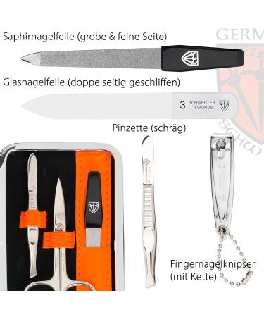 Three Swords Germany Manicure Set 'Genova' | 6-Pcs Nail Kit in Orange Artificial Leather Case | Includes Scissors Clippers Glass Nail Files & Tweezers - Buy Online on GoSupps.com