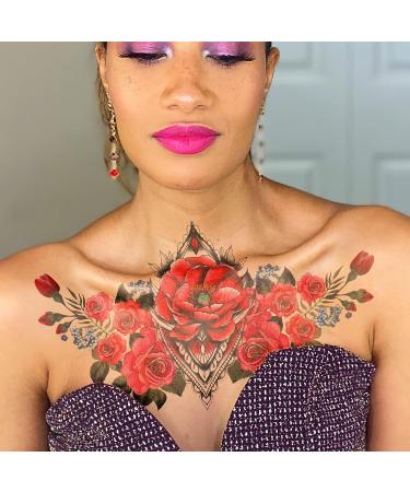 Konsait Colorful Chest Temporary Tattoos for Women - Large Adult Rose Flower Jewel Fake Tattoos - Sexy and Realistic Body Art - Buy Online on GoSupps.com