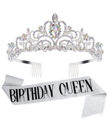 Tiara for Women Birthday Tiara for Women AB Rhinestone Happy Birthday Queen Tiara for Women Birthday Crown for Girls Tiaras Birthday Queen Crowns with Birthday Girl Sash Silver Crowns for Women Birthday Tiara 05