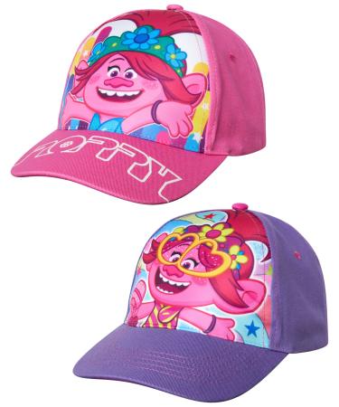 DreamWorks Girls' Trolls Baseball Cap - 2 Pack Poppy Curved Brim Strap Back Hat (4-7) Poppy Pink/Purple 4-7 Years