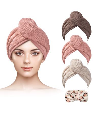 Microfiber Hair Towel 3+1 Pack Hair Turbans for Wet Hair , Hair Towel Wrap Fast Drying for Curly Hair Women Anti Frizz(Coffee/Pink/Khaki)