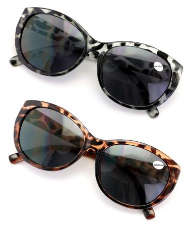 2 Pairs Women Bifocal Reading Sunglasses Reader Glasses Cateye Vintage Jackie Oval 1 Grey Leopard 1 Brown Leopard 2.0 x
