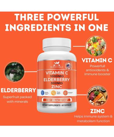 Elderberry with Zinc & Vitamin C Capsules - Immune Support & Antioxidant Protection - 1000mg Vitamin C, 50mg Zinc - Non-GMO, 60 Veggie Capsules - Buy Online on GoSupps.com