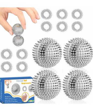 4 Hedgehog ball hard + 10 acupressure rings - Skills Borderline Set With Skill Ball Metal Skill Ring - Acupressure Ball Igel Balls Small 3cm Acupressure Ring Skills Set Stress Adult Massage Remine For Finger Silver