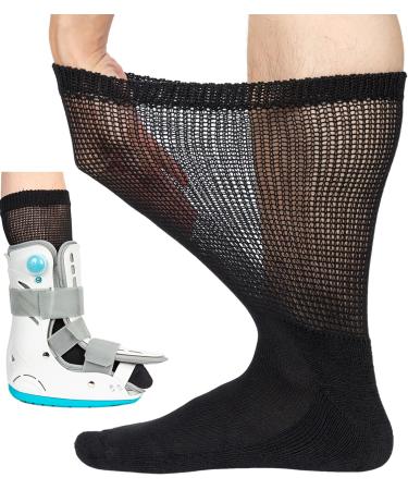 Extra Wide Mid Calves Socks Walking Boot Replacement Socks Medical Liner for Orthopedic Brace Shoe Under Air Cam Walkers&Fracture Boot Casts 10-13 Black