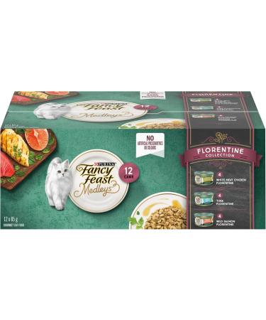 Fancy Feast Petites Wet Cat Food Ocean Whitefish Entr e with Tomato in Gravy - 79.4g Tray (12 Pack) & Wet Cat Food Elegant Medleys Florentine Variety Pack 85 G Cans (12 Pack) - Buy Online on GoSupps.com