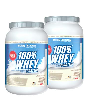 Body Attack - 100% whey protein vanilla 2 x 900g - Made in Germany - Extra creamy protein powder with hydrolysate and BCAA supports muscle building and diets for all athletes & athletes