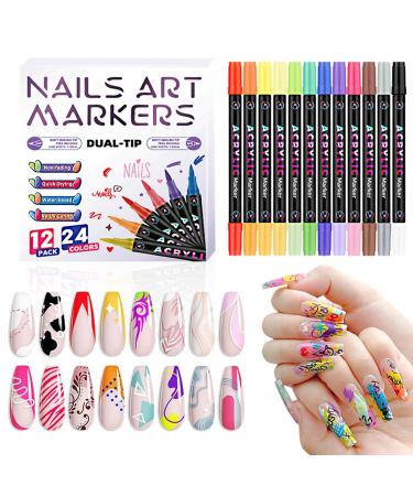 Stylos Vernis Ongles - 12 Pi ces avec des Doubles Extr mit s pour le Liner et le Doodle sur les Doigts | Stylos Dessin Ongles pour Professionnelles