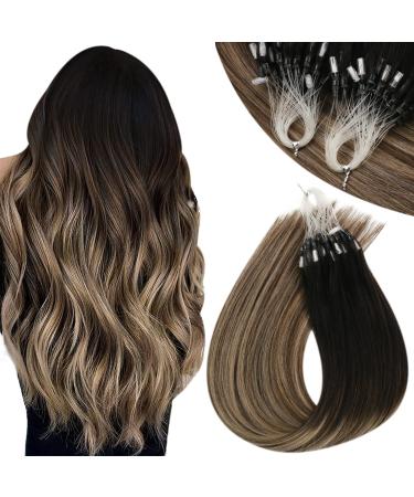 Sunny Micro Ring Human Hair Extensions Balayage Micro Beads Hair extensions Real Pre Bonded Micro Links Ombre Black Human Hair Extensions Natural Black Root to Dark Brown Mixed Ash Blonde 20in 50g 22 Inch Microring#1B/4/18…