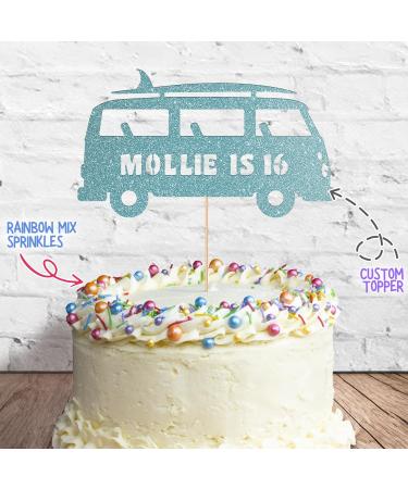 Cakeshop Cake Decoration Pack | Surfing Campervan Theme Premium Double Sided Glitter Card Cake Topper & 25g Party Pack of Cake Sugar Sprinkles | Custom Name & Age Cake Decoration (Baby Blue) Non-Prime Glitter Card: Baby Blue - Buy Online on GoSupps.com