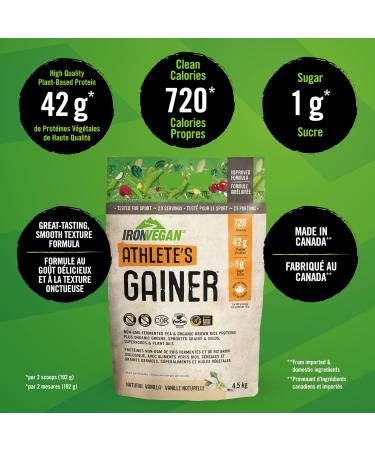 Athlete's Gainer Protein Powder Natural Vanilla Flavour 4.5 kg | Vegan and Non-GMO & Iron Vegan Sprouted Protein Bars | Peanut Chocolate Chip Flavour | 12 Pack - Buy Online on GoSupps.com
