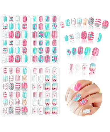 96 Pcs Kids Stick on Nails Kids False Nails Cartoon Press on Fake Nail Tip Children Artificial Nail Tips Kids Pre-glued Fake Nail for Girls Nails Art Decoration (Striped)