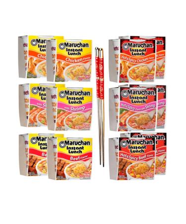 Ja Cor Instant Lunch Ramen Noodles Variety Pack- 6 Flavors: Chicken Beef Shrimp Hot and Spicy Chicken Beef Shrimp Cup Noodle Soup Bundle with 1-Set of Reusable Chopsticks(2 Each Flavor 12 Packs)