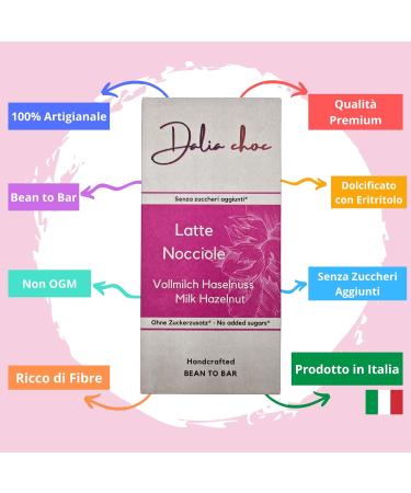 Dalia Choc - PREMIUM Chocolate Bars 70 gr | No added sugar - sweetened with erythritol | Made in Italy | BEAN TO BAR (Latte - Hazelnuts) - Buy Online on GoSupps.com