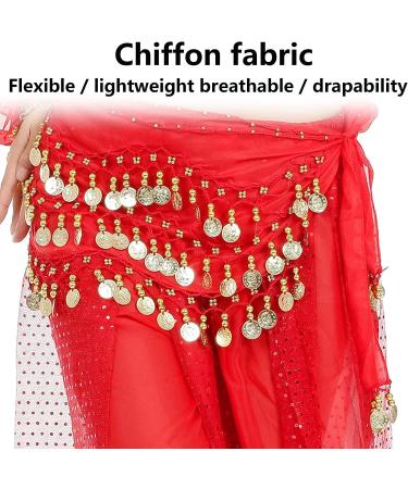 Womens Belly Dance Hip Scarf & Chiffon Towel - Red Coin Belt Costume with Sequins | International Shipping - Buy Online on GoSupps.com