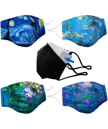 5PK Three Layer Cotton Cloth Face Mask with Filter Pocket, Nose Wire Bridge, Adjustable Ear Loops. Reusable Washable Breathable Fabric Face Covering with Design. Van Gogh & Claude Monet Masks Small/Medium (Pack of 5) Maste…