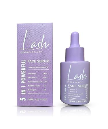 Lash London Beauty Ultimate Face Serum - 5-in-1 Collagen Vitamin C E Nicotinamide for Powerful Hydration Retinol Anti Aging Anti Wrinkle Face Care Improves Texture & Tone Day and Night Serums