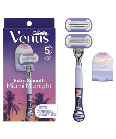 Gillette Venus Miami Midnight Extra Smooth Women's Razor Handle 2 Blade Refills and Shower Hook