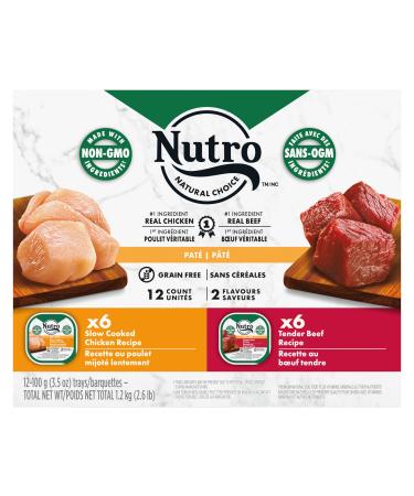 NUTRO Natural Choice Adult Wet Dog Food Pat Grain Free 6 Tender Beef Sweet Potato & Carrot Recipe 6 Slow Cooked Chicken Potato Carrot & Pea Recipe 12x100g Trays 12- Tendered Beef and Slow Chicken 100 g (Pack of 12)