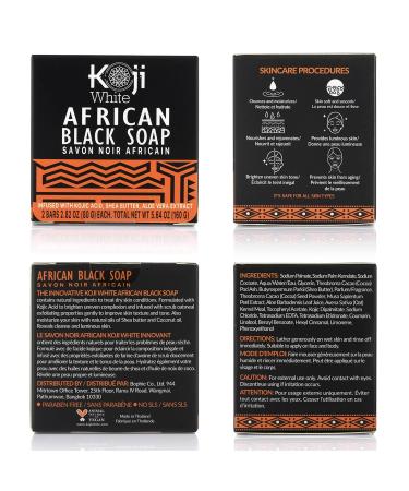 Koji White African Black Soap Bar - Exfoliating & Brightening Face & Body Wash with Shea Butter Kojic Acid & Aloe Vera - Vegan & Paraben-Free (2 Bars - Buy Online on GoSupps.com