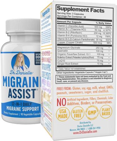 Dr. Danielle Migraine Assist Supplement - 90 Capsules with Magnesium, Quercetin, Feverfew, Butterbur, CoQ10 for Best Migraine Relief - Buy Online on GoSupps.com