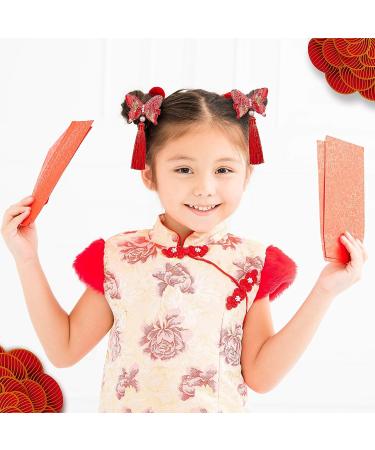 6 Pairs Baby Girls Chinese Style Hair Clips with Hairy Furry Balls and Tassels - Red Lantern Butterfly Decor - Perfect for New Year and Spring Festival - Buy Online on GoSupps.com