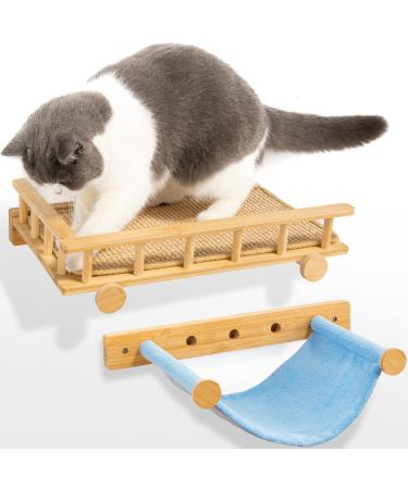Yangbaga Cat Hammock for Wall, Wall Mounted Cat Shelves with Scratching Pad, Bamboo Cat Wall Perch with Flannel Bed