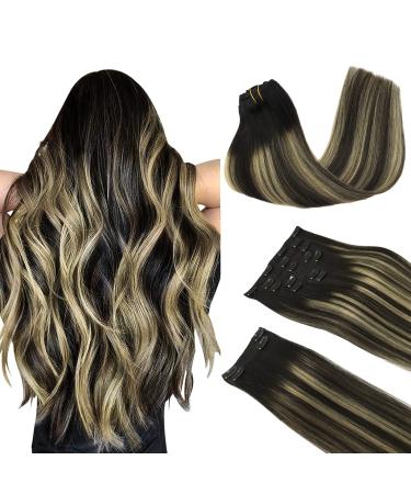Doores real hair extensions clip in balayage natural black to light blonde 60cm 24 inch 9 pieces 150g remy human clips in hair extension natural real hair extensions thick hair 60cm-15g #1b/16/1b balayage natural black to light blonde