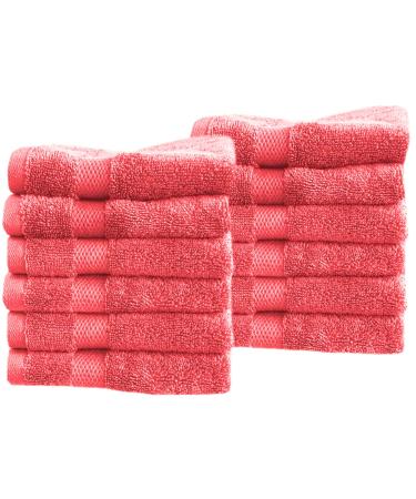 Cotton & Calm Exquisitely Fluffy 100% Cotton Wash Cloths Set - Luxurious 12 Pack Coral Washcloths - 13x13 inches Face Towel - Super Soft Thick & Absorbent for Face Hand Gym & Spa