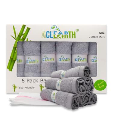 ACLEARTH (Grey Bamboo Wash Cloths (6 pc) Bamboo Face Cloth - 25 x 25cm Soft Face Wash Cloth Flannels for Washing Face Skin Sensitive Makeup Removal Premium Adult Body Babies Kids Baby Gift