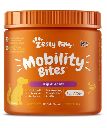 Zesty Paws Glucosamine for Dogs - Hip & Joint Health Soft Chews with Chondroitin & MSM - Functional Dog Supplement for Pet Mobility Support with Kelp + Vitamins C and E for Hips & Joints Bacon 90 Count (Pack of 1)