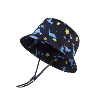 LANGZHEN Beach Sun Protection Hat for Baby Girls Adjustable Toddler Kids Hat Wide Brim Summer Play Hat with Chin Strap Navy - Dinosaur X 1-2 Years