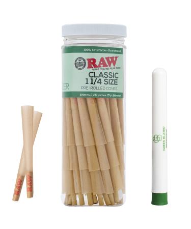 RAW Cones 1 1/4 Size: 100 Pack Patented Slow Burning Pre Rolled Rolling Papers & Tips, Classic Raw Paper, Green BlazerTube