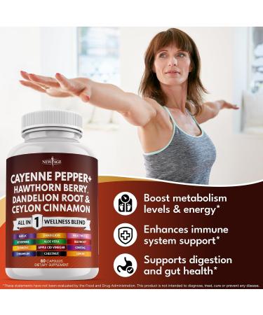NEW AGE Cayenne Pepper Capsules Supplement with Hawthorn Berry Dandelion Root Ceylon Cinnamon Garlic Ginger ACV Milk Thistle Beet Root Aloe Vera - 120 Count 60 Count (Pack of 2) - Buy Online on GoSupps.com