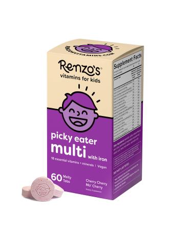 Renzo's Picky Eater Kids Multivitamin - Vegan Multivitamin for Kids with Iron, Vitamin C, and Zero Sugar, Dissolvable and Easy To Take Kids Vitamins, Cherry Flavored Childrens Vitamins 60 Melty Tabs