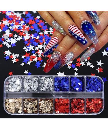 12 Grids 4th of July Nail Art Glitter Star Nail Sequins Stars for Nail Art Stickers Holographic Glitters Nail Flake Red Blue Mixed Star Nail Decals for Independence Day Nail Decorations Supplies