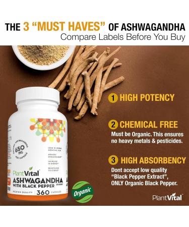 PlantVital Organic Ashwagandha Supplement with Black Pepper - 1300mg (two caps) Ashwagandha Capsules for Stress Relief Energy Increase Sleep Aid & Memory Support - 360 Vegan Ashwagandha Supplements 3 Bottles (6 Months Supply) - Buy Online on GoSupps.com