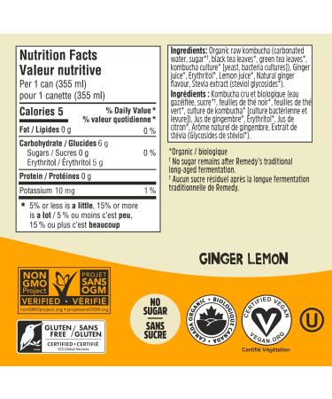 Remedy Kombucha Sugar-Free Organic Drink Sparkling Low Calorie Gut Health Beverage - Ginger Lemon - 355 mL Can 24-Pack Ginger Lemon 355ml (Pack of 24) - Buy Online on GoSupps.com