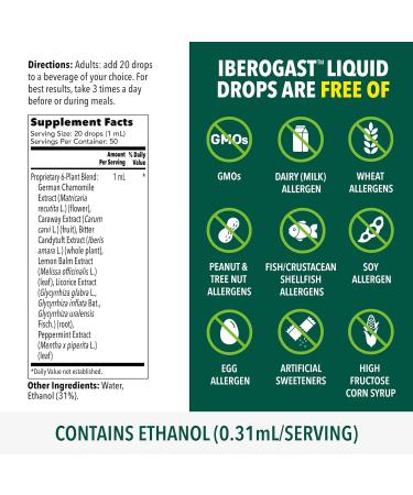 Iberogast Liquid Drops - Herbal Relief for Indigestion Bloating Gas & Nausea | Gluten Free 6-Herb Blend | 50mL - Buy Online on GoSupps.com