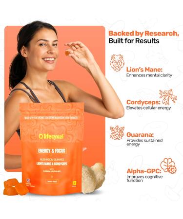 Life Cykel - AM Energy and Focus Mushroom Gummies 60 Count - Organic Lion's Mane Gummies with Cordyceps Guarana & Alpha GPC for Mental Clarity Natural Energy Endurance & Focus - Lemon Peach Flavor 60 Count (Pack of 1) - Buy Online on GoSupps.com