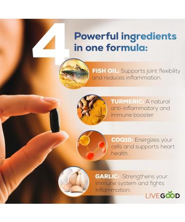 LIVEGOOD Factor 4 Omega 3 Fish Oil with EPA & DHA CoQ10 and Turmeric Advanced Q10 Coenzyme & CoQ10 Supplements DHA Supplements for Heart Joint & Immune Support Made in USA 60 Count  - Buy Online on GoSupps.com