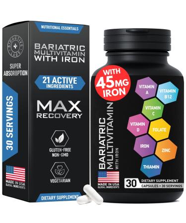 Bariatric Multivitamin with Iron 45mg for Women & Men - 21-in-1 Essential Post Gastric Bypass and Gastric Sleeve Vitamins A C D E B Complex - No Fillers Non-GMO - One a Day 30 Bariatric Iron Caps. 1-Pack Bariatric