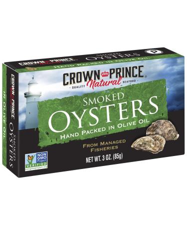 Crown Prince Natural Smoked Oysters in Pure Olive Oil, 3-Ounce Cans (Pack of 18) Smoked Oysters Smoked, Pure Olive Oil 3 Ounce (Pack of 18)