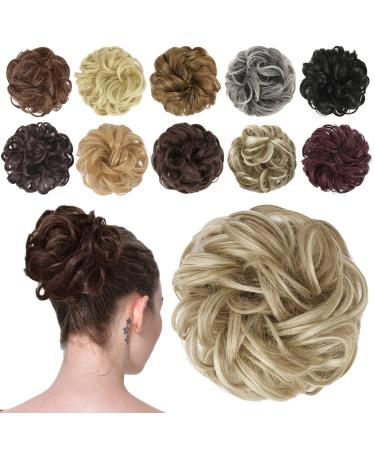 Fine hair part with rubber band dutt hair part hair tie lured hair curly hair hair extension ponytail hair parts for women girls light ash brown & bleaching blonde 38g 16H613# light ash brown & bleaching blonde 38 g