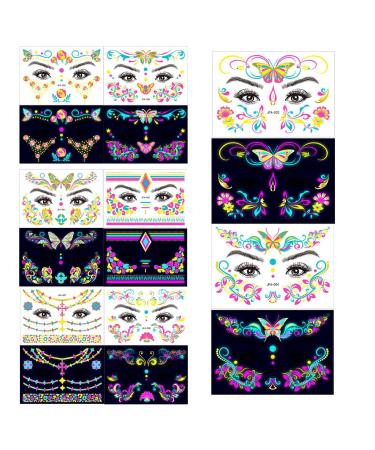 Besreey Temporary Face Stickers UV Neon Fluorescent Makeup Face Decals Waterproof Face Decorations for Festival Bar Adults Halloween