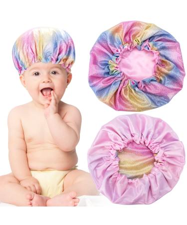OIIKI 2PCS Kids Silk Bonnets Sleeping Caps  Adjustable Colorful Sparkle Baby Head Bonnet Caps  Soft Glitter Silk Night Sleep Shower Caps  Hair Protect Accessories for Kids Children Baby Toddler