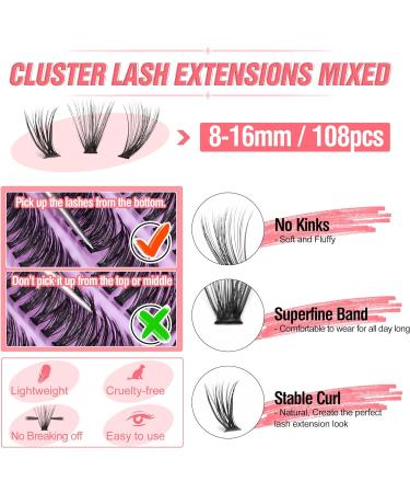 ALICE D13 Lash Clusters Kit: DIY Eyelash Extension Fluffy Cluster Lashes, D Curl, 8-16MM, Strong Hold Natural Look - Buy Online on GoSupps.com